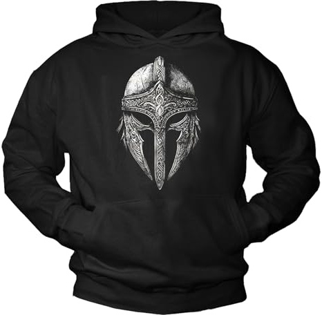 MAKAYA Wikinger Pullover Herren Shirt Langarm mit Kapuze Pulli Viking Motiv Helm Männer Jungs Jungen Sparta Schwarz XXXL