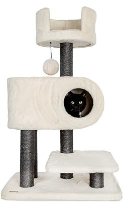 Bontoy Kratzbaum Luna grau 113 cm I großer Liegekorb I große Höhlr I Stufe zum leichten aufsteig I zum Ausruhen und Schlafen I Rückzugsort I Spielball am Seil