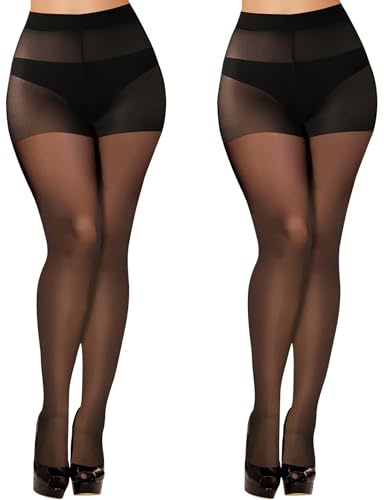 Buauty 2 Pairs Sheer Black Tights for Women -20D High Waist women's Pantyhose,Plus Size Nylon Stockings LBlack