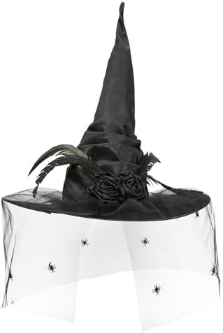 Meleager Hexenhut Damen, Witch Hat mit Schleier, Rosen und Federn, Spitzes Hexen Hut Schwarz, Zauberhut Erwachsene als Hexe Kostüm Accessoire für Halloween, Karneval, Kostümpartys