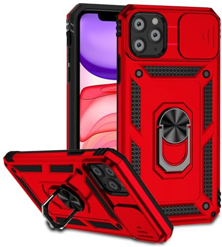 Tothedu Case for iPhone 11 Pro Case with Slide Camera Cover, Built-in 360° Rotate Ring Kickstand Magnetic Shockproof Phone Cover for iPhone 11 Pro Red