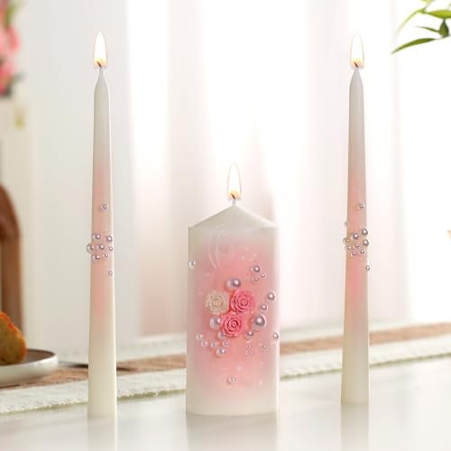 Conelist Set di 3 candele per cerimonia nuziale, 16 cm e 24 cm, per ricevimenti e cerimonie, eventi (stile perlato)
