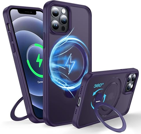 FNDMIL 360° Rotatable Magnetic Ring for iPhone 12/12 Pro Case with MagSafe | [Non-slip Texture][Built-in Kickstand][Military Shockproof]Translucent Matte Silicone Bumper Slim,Purple