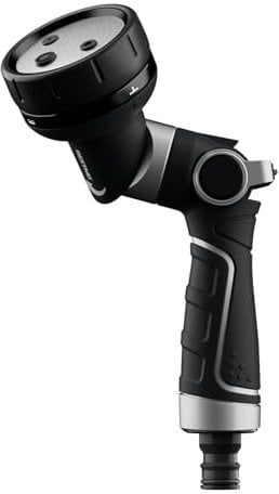 RESTMO 2-IN-1 Gartenbrause, robuste Metall-Gartenschlauchdüse mit 4 Sprühmodi, Hochdruck Garten Handbrause mit Daumenflusskontrolle, ideal zur Gartenbewässerung und Bodenreinigung, Schwarz