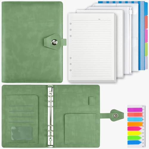 A5 Ringbuch, Ringbuch A5 Nachfüllbar mit 100 Blätter Nachfüllpapier, Leder Notizbuch mit Bindertaschen, Binder Für Schulnotizen Und Reisetagebücher, Geschenk für Mädchen, Jungen (Olivengrün)