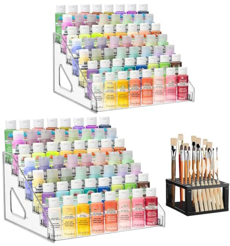 Wisyurt 2 Transparente Farbaufbewahrungsboxen mit Pinselhalter, Aufbewahrungsregal für 7 Bastelfarben, Miniatur-Farbregal Zur Farbaufbewahrung