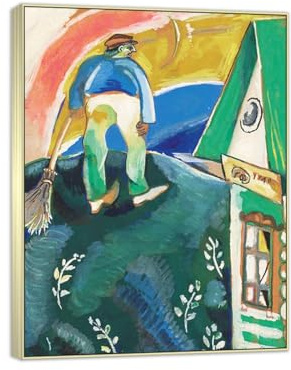 Marc Chagall Leinwandbilder. Berühmte Gemälde Druck auf Leinwand. Kehrmaschine. Wandbilder Moderne. Kunst Poster Reproduktion 80x60cm Champagner Silber Rahmen