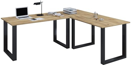 VCM Holz Schreibtisch | Eckschreibtisch schlicht | 130x130 | L Form links oder rechts | Arbeitstisch Platte 50 cm tief | Computertisch Büromöbel - Lona U Schwarz/Honig-Eiche