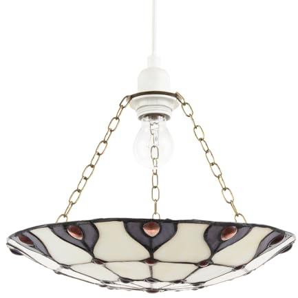 Designer Purple and Amber Stained Glass Tiffany Pendant Shade with Red Round Beads | 31cm x 6cm | Antique Chains Included by Happy Homewares