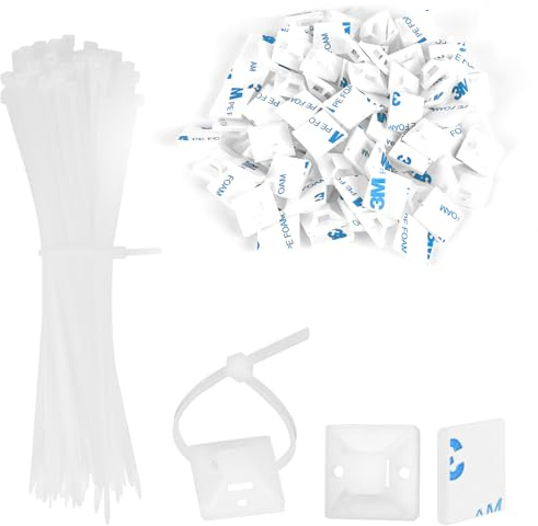 100PCS Cable Ties White 150mm and 100PCS 20mm Zip Tie Self Adhesive Mounts, White Cable Tidy Clips Small Tie Wraps Sticky Pads, Plastic Wire Ties Base Holder for Home Office Workshop DIY Garden