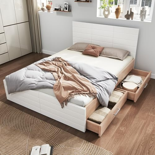 Doppelbett Holzbett Bettanlage 160×200 cm mit 2 Stauraum Schubladen,Stauraumbett,Modernes Bett inkl Bettgestell &Lattenrost-207×80×145cm (L×H×B) Set in Eiche/Weiß(Ohne Matratze)