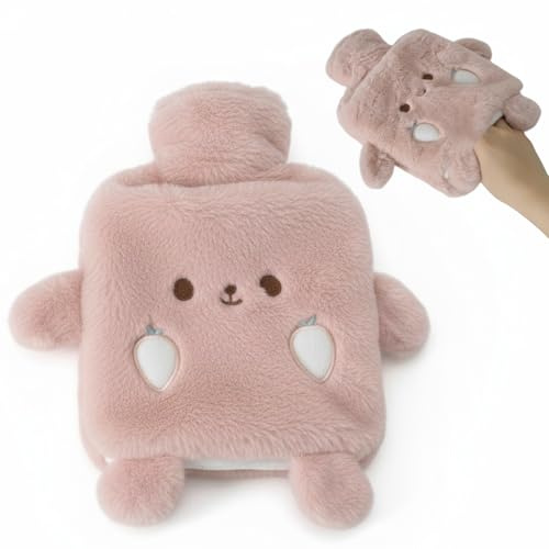 Bouillotte Eau Chaude, 1L Bouillote Peluche Chauffante avec Poche Kangourou, Caoutchouc Naturel, Cute Bouillotte Bébé, Soulager la Douleur, Rester au Chaud pour Hiver - Pour Enfants Adultes (Rose)