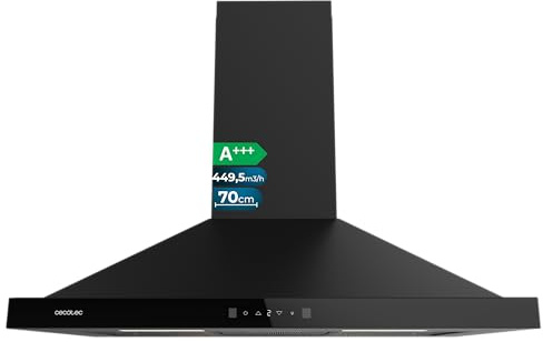 Cecotec Hotte Aspirante Pyramidale 70 cm Bolero Flux PT 704400 Black A+++. Verre Frontal Noir, Aspiration 449,5 m³/h, Commande Tactile Invisible, Fonction Booster, Filtres Lavables, Classe A+++