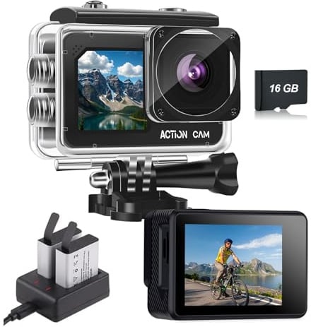 Nvgfelis Dual Screen Action Cam FHD 1080P Helmkamera Wasserdicht bis 40M Actionkamera mit 2×1050 mAh Wiederaufladbare Akkus und Zubehör-Set Coal Black