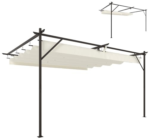 Outsunny Gazebo Pergola Addossata 3x4 m con Tetto Retrattile Scorrevole, Fori di Drenaggio, Pergolato da Giardino in Poliestere e Acciaio, per Patio, Terrazzo, Esterno, UV30+, Bianco Crema