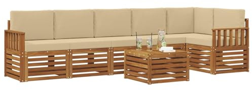 vidaXL Sofagarnituren 7 pcs Natur und Beige Massivholz Akazie, Moderne Garten-Sofagarnituren, robuste Loungemöbel, Akazienmodule für entspanntes Chillen im Freien