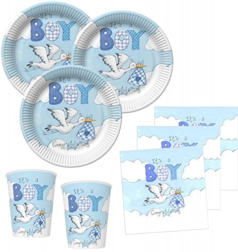 Kids Party World 48 Teile Baby Shower Deko Set Storch in Blau 16 Personen