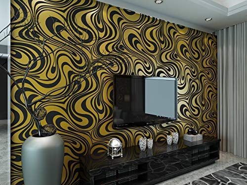 KeTian Moderne Wandtapete abstrakte 3D-Kurven, Vlies-Beflockungs-Streifen, für Wohnzimmer und Schlafzimmer, Tapetenrolle Schwarz/goldfarben, 0.7m (2.29' W) x8.4m(27.56' L)=5.88m2 (63.11sq.ft)