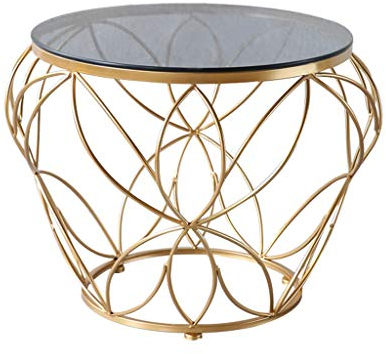 Table Basse Ronde, Support en Fer forgé, Bureau en Verre trempé, idéal pour Salon, Or