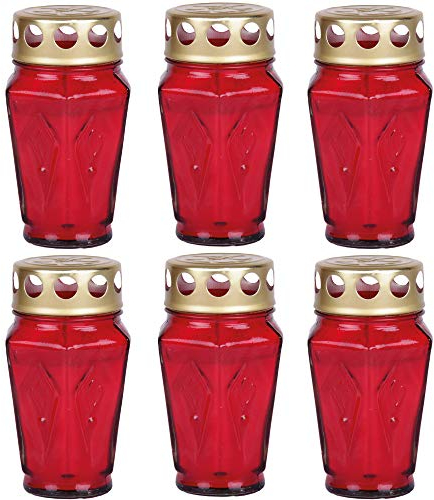 6X Grablicht Grabkerze aus Glas Eck (12,5cm) ca. 30 Stunden Brenndauer/Farbe: Rot