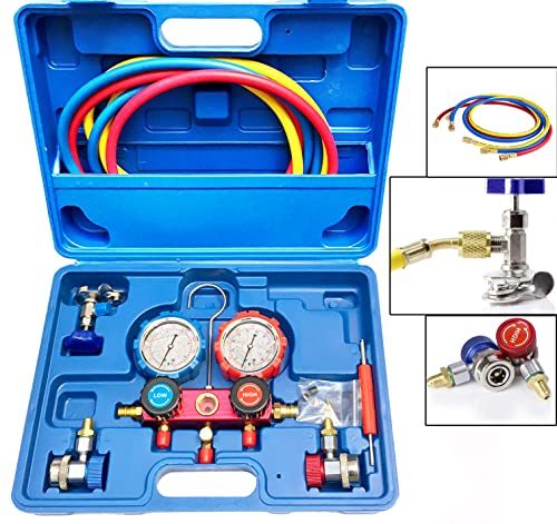 JOMAFA JUEGO MANOMETROS PARA AIRE ACONDICIONADO CON VALVULA PARA GASES R22, R134A, R410A, R404A carga, descarga y comprobación