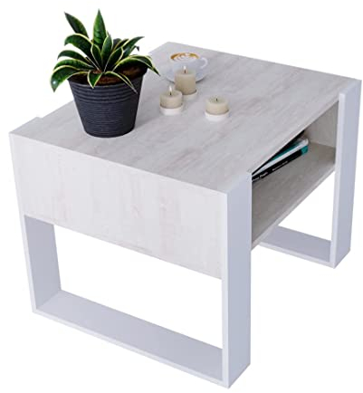 Couchtisch KARO rechteckiger Kaffeetisch aus Holz Modern Teetisch 65 x 53,6 45cm massiv und stabil (Cascina Kiefer/Weiss)