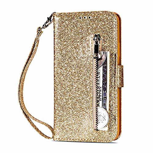 Skyhewen iPhone 11 Case, iPhone 11 Wallet Glitter Zipper Pocket Case with Kickstand Card Holder Magnetic Clasp Shockproof PU Leather Flip Cover Bling Handbag Case for iPhone 11 Women Girls, Gold
