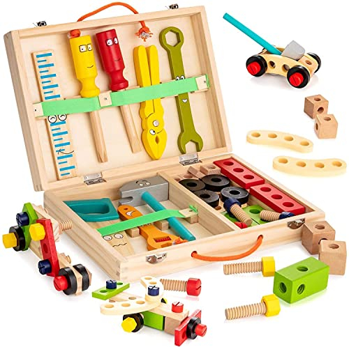 NIWWIN Herramientas de Madera para niños, Caja de Herramientas de Madera, ensamblaje de Juguetes de imitación educativos Juegos de Rompecabezas de construcción Niño niña niño, 3 4 5 6-12 años