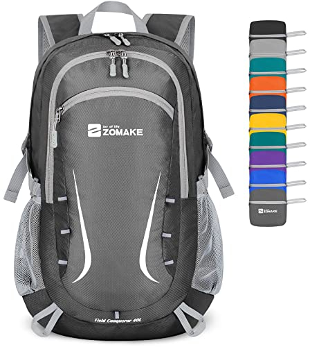 ZOMAKE Faltbarer Rucksack 35L,Groß Leichter Rucksäcke Wasserdicht Wanderrucksack Packable Backpack für Damen Herren Outdoor Wandern(Mittelgrau)