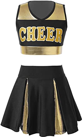 Manyakai Mädchen Cheer Leader Outfit Kinder Ärmellos Crop Top Mit Faltenrock Cheerleading Karneval Fasching Party Halloween Set Wettbewerb Kleidung Schwarz 176