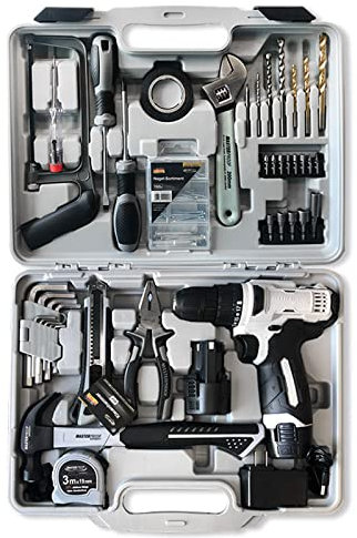 WEALTHY73 Ménage 12V Lithium Perceuse Électrique Multi-Fonction Portable Boîte à Outils Matériel Épaississement Ensemble D'outils Ensemble de Réparation pour Envoyer 2 Batteries,Gray,46 Item