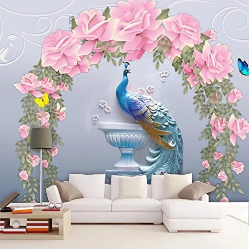 XAONUO Pink 3D Mural Wallpaper Kids Room Pink Flower Peacock Children’S Room Mural – Wall Sticker Decals 350X254Cm Removable DIY Vinyl Art Mural Wallpaper Home Decor Gift for Kids Bedroom