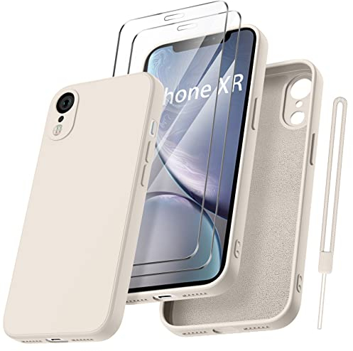 Qasyfanc HandyHülle für iPhone XR Hülle Silikon case mit 2 Stück Schutzfolie, Ultra Microfiber TPU Flüssig silikon mit Kameraschutz Kratzfeste Rundumschutz Schutzhülle 6.1'' - Khaki