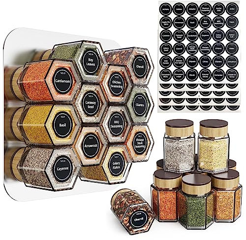 vetacsion Set mit 12 magnetischen Gewürzdosen aus Glas mit 180 Gewürzetikettenaufklebern