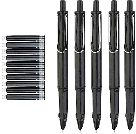 KULSUM 5PCS Retractable Fountain Pen, 0.38mm Press Type Refillable Ink Writing Pen with 10 Black Ink Sac, Extra Fine Point Pen, Smooth Writing for Writing, Painting, School, Office