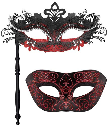 SIQUK 2 Stück Venezianische Maske Paar Maskerade Maske mit Stab Karnevalsmaske Augenmaske für Damen Herren Halloween Karneval, Schwarz & Rot