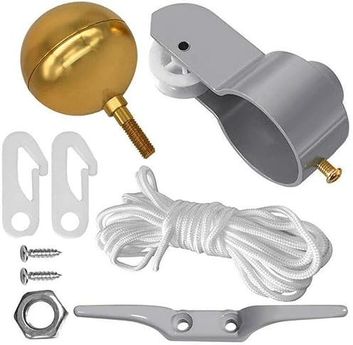Fahnenmast Reparaturset, Topper aus Aluminium mit Seilrolle und Schrauben - Ersatzteile Flaggenmast - Ersatzseil - Set bestehend aus Seil, Kunststoffklammern, Mastkugel, Riemenscheibe, Klampe