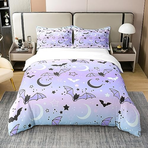 richhome Fledermaus Muster 100% Natur Baumwolle Bettwäsche Set 135x200 Stern und Mond Bettbezug mit 1 Kissen Sham Kinder Bunte Gradient Lila und Rosa Tröster Cover Set