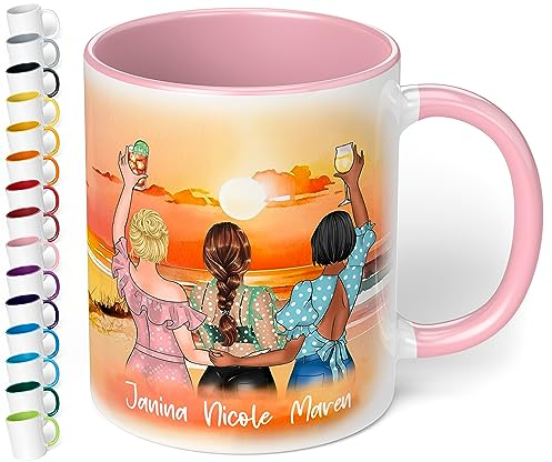 True Statements Keramik-Tasse für beste Freundinnen „Drei Freundinnen am Strand“ – 330ml Kaffeetasse personalisiert mit Namen & Aussehen - BFF best friends - Geschenke Geburtstag Weihnachten (Rosa)