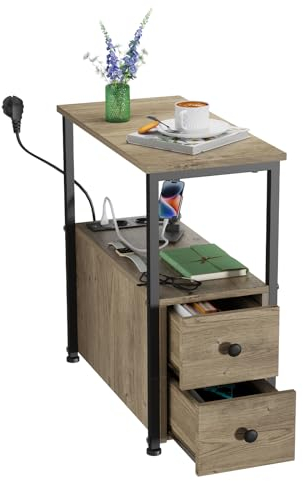 Rcynview Beistelltisch, Nachttisch mit Steckdose, schmal,USB-Anschlüssen, 60X30X61cm Minimalistisch Holz Nachttisch mit Aufbewahrung für Wohnzimmer, Schlafzimmer, Graues Kopfteil aus Holz