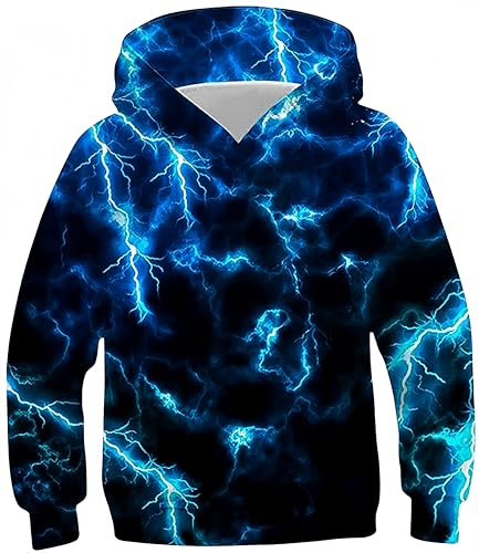 Ocean Plus Jungen Kapuzenpullover Bunt Teens Hoodie Kinder Langarm Pulli mit Kapuzen Sweatshirt Pullover (XL (Körpergröße: 155-160cm), Dunkelblauer Blitz)