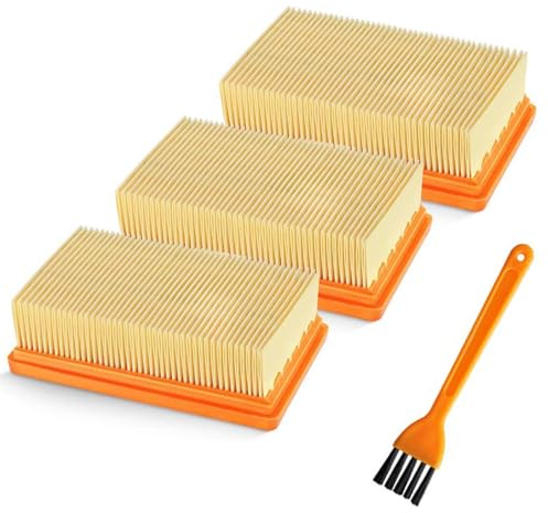 Pack of 3 Filter Compatible Karcher Vacuum Cleaners MV4 / MV5 / MV6 / WD4 / WD5 / WD6, Flat Fold Filter with Brush for Kärcher Multi-Purpose Vacuum Cleaners, for Kärcher Wet/Dry Vacuum Cleaners