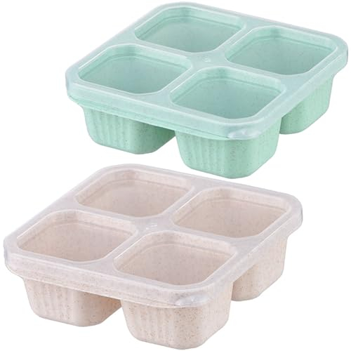 Dafape Bento Snack Boxes, Reusable Lunch Meal Box 4 Compartment Food Storage Containers Fruit Salad Serving Tray with Lid Work Travel Leakproof Stackable Platter Set of 2 (Beige & Green)