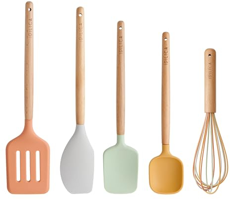 KitchenCraft Idilica Silicone Tool Set, 5pc Cooking Utensil Set with FSC Beechwood Handles, Multi-Colour Kitchen Tools