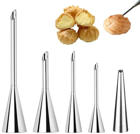 WWYSSZ Lot de 5 Douille de Pâtisserie Petit Choux, Pâte à Choux à Garnir Douilles de Remplissage Cupcake Puffs Injection Seringue Inox, pour Pâte Feuilletée, Pâte Beignets, Pain, Pâte Feuilletée