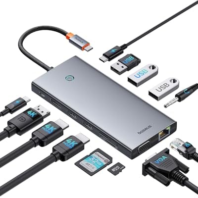 【Chip-Optimiert】Baseus USB C Docking Station 3 Monitore, 13-in-1 USB C Hub mit 2 HDMI 4K@60Hz, DisplayPort 4K@60Hz, VGA, USB 3.1 10 Gbps, PD 100W und Ethernet für Dell/HP/Lenovo/Surface Laptop
