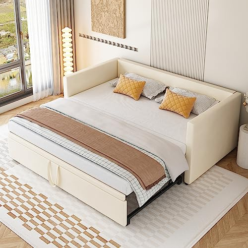 Dolamaní Tagesbett 90/180x200 cm mit Gästebett, Ausziehbett Gleiche Höhe, Bett Ausziehbar zum Doppelbett, Schlafsofa für Erwachsene 2 Personen (Beige)