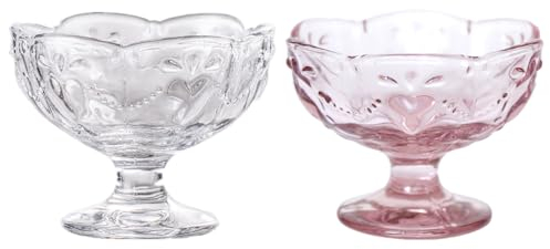 OnePine 2er Set Vintage Glas Füßige Eiscreme Schalen, 140ml Eisbecher Glas Eisschalen Dessertschalen, Höhe 7cm Glas Dessertbecher für Dessert, Eiscreme, Sorbet, Obst und Pudding, etc.