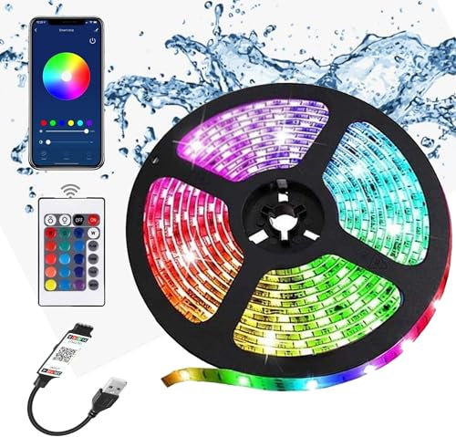 rynli Waterproof LED Strip Lights with Bluetooth, 5M RGB LED Strip Light with Remote, USB Powered, Color Changing, Decorative Lighting Ideal Lights for Bedroom, Kitchen, Gaming, TV Backlight