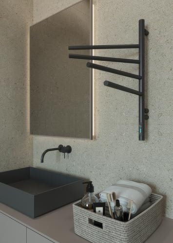 Elna® Scaldasalviette Elettrico Nero Opaco 62x40 cm, 57W – Scaldasalviette in Acciaio Inox 304 con Timer e Termostato, IP44 – 4 Bracci Orientabili 180°, Montaggio a Parete